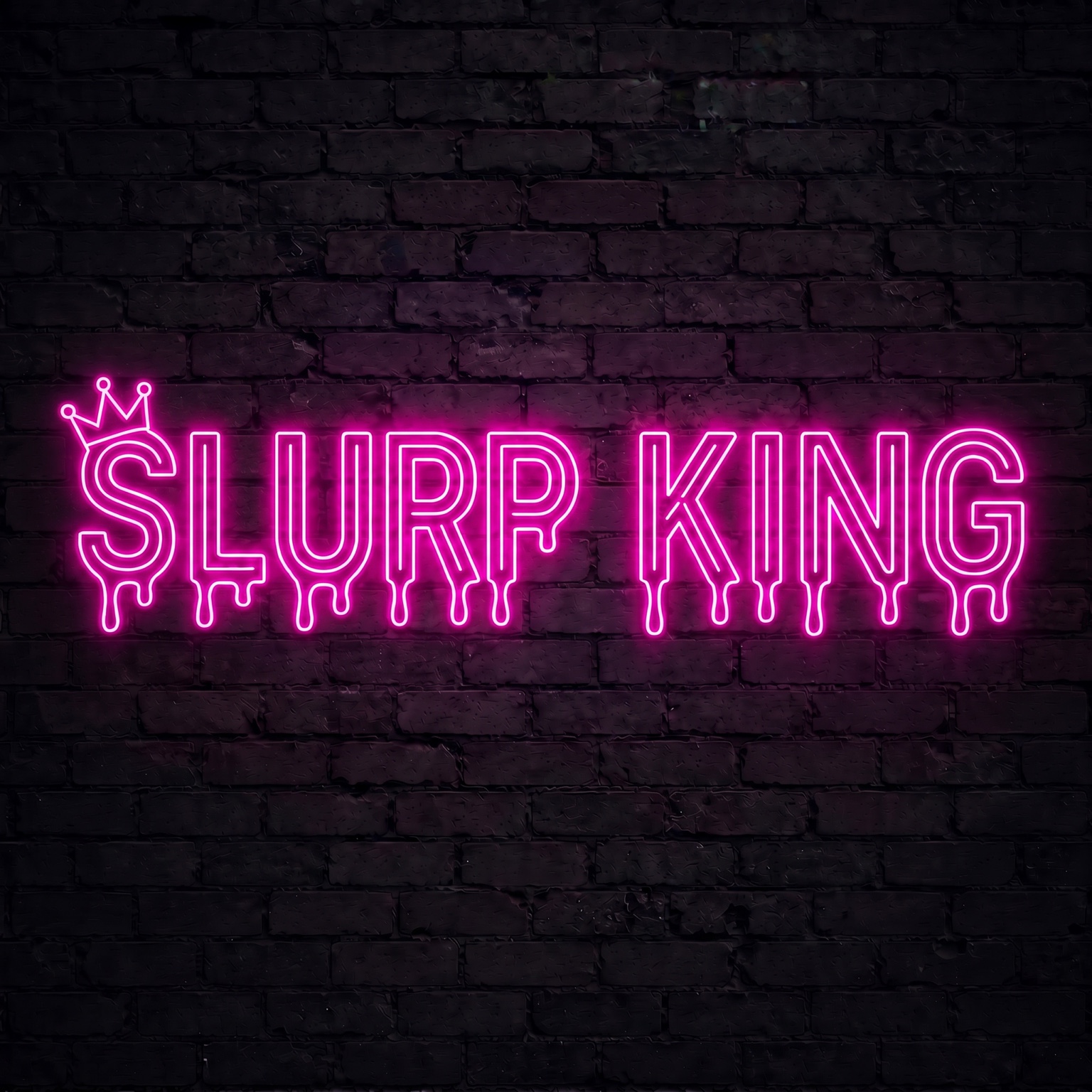SLURP KING in pink neon on a brick wall